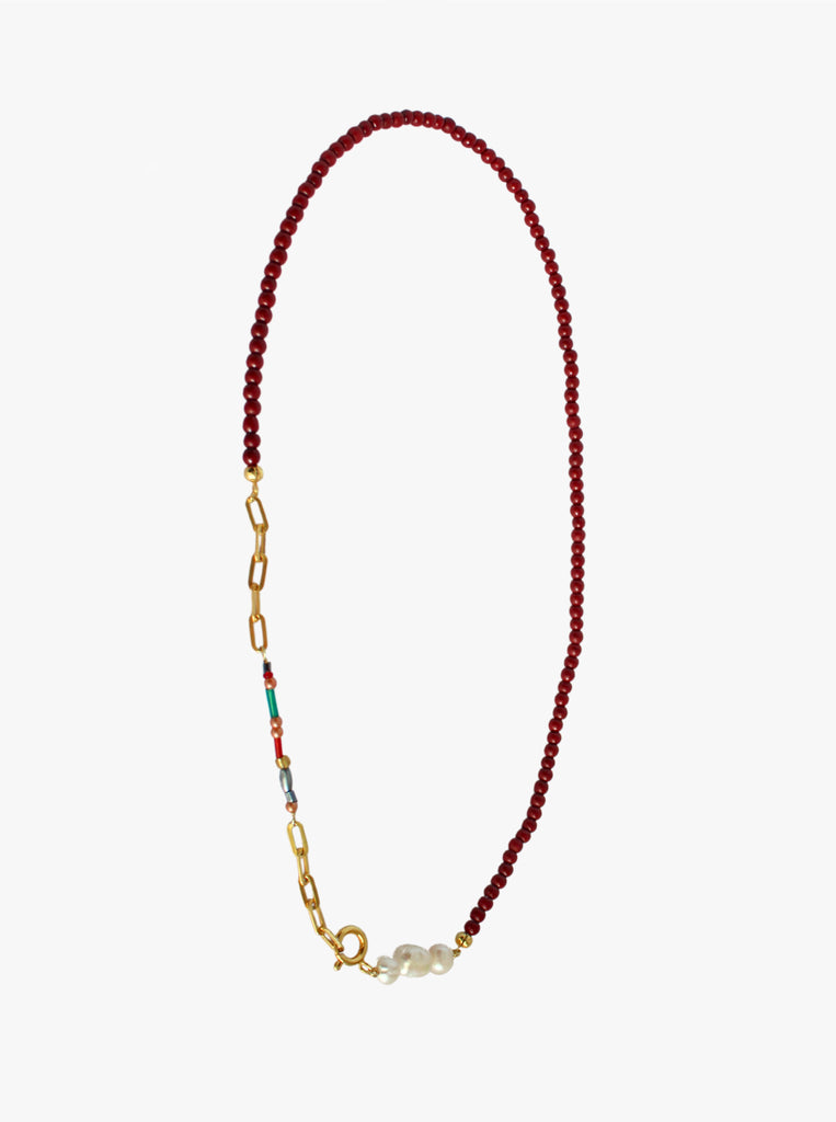 Πολύχρωμο Κολιέ Bordeaux Ασήμι 925 Επίχρυσο μπορντώ πέτρες χαολίτη και μαργαριτάρια