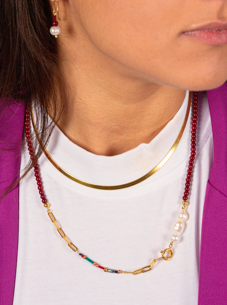 Πολύχρωμο Κολιέ Bordeaux Ασήμι 925 Επίχρυσο μπορντώ πέτρες χαολίτη και μαργαριτάρια