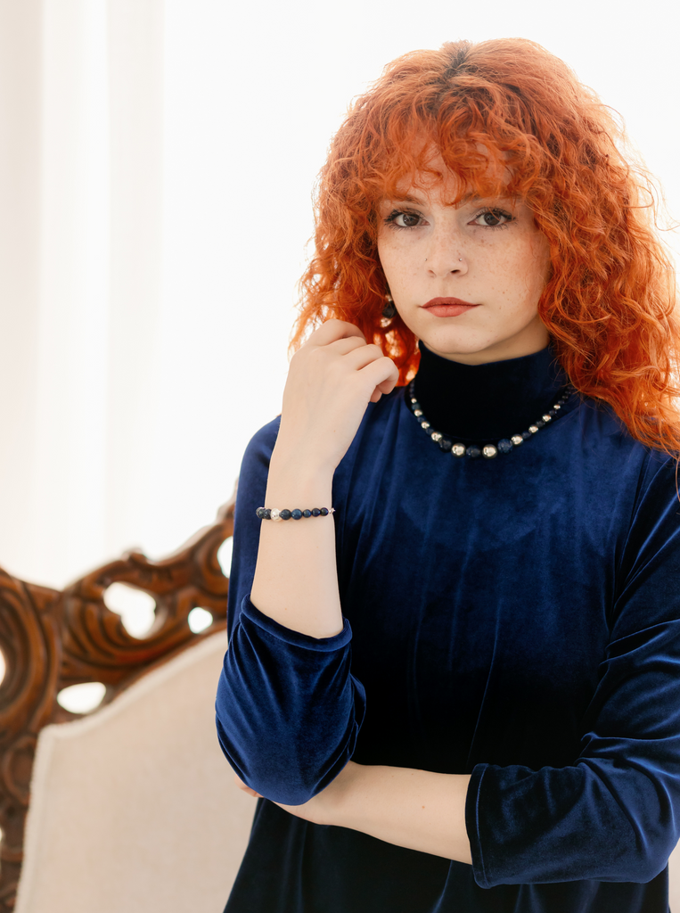 Βραχιόλι με χάντρες Λάπις Λαζουλί από Ασήμι 925 Ασημί-Μπλέ 20 εκατοστά