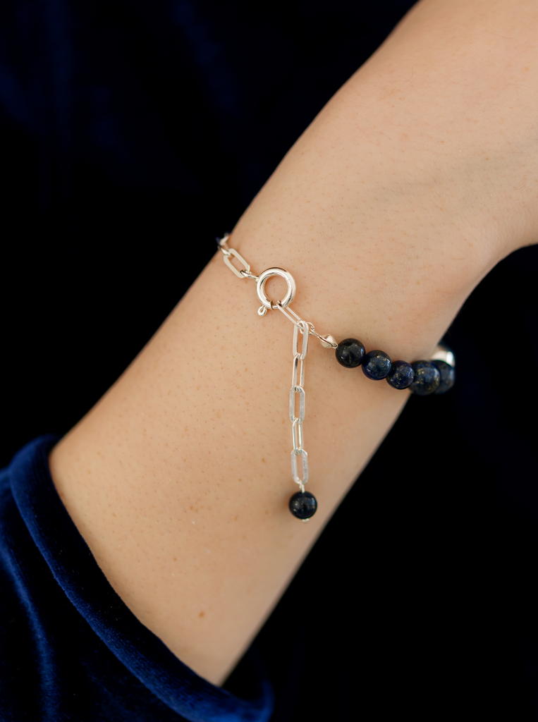 Βραχιόλι με χάντρες Λάπις Λαζουλί από Ασήμι 925 Ασημί-Μπλέ 20 εκατοστά