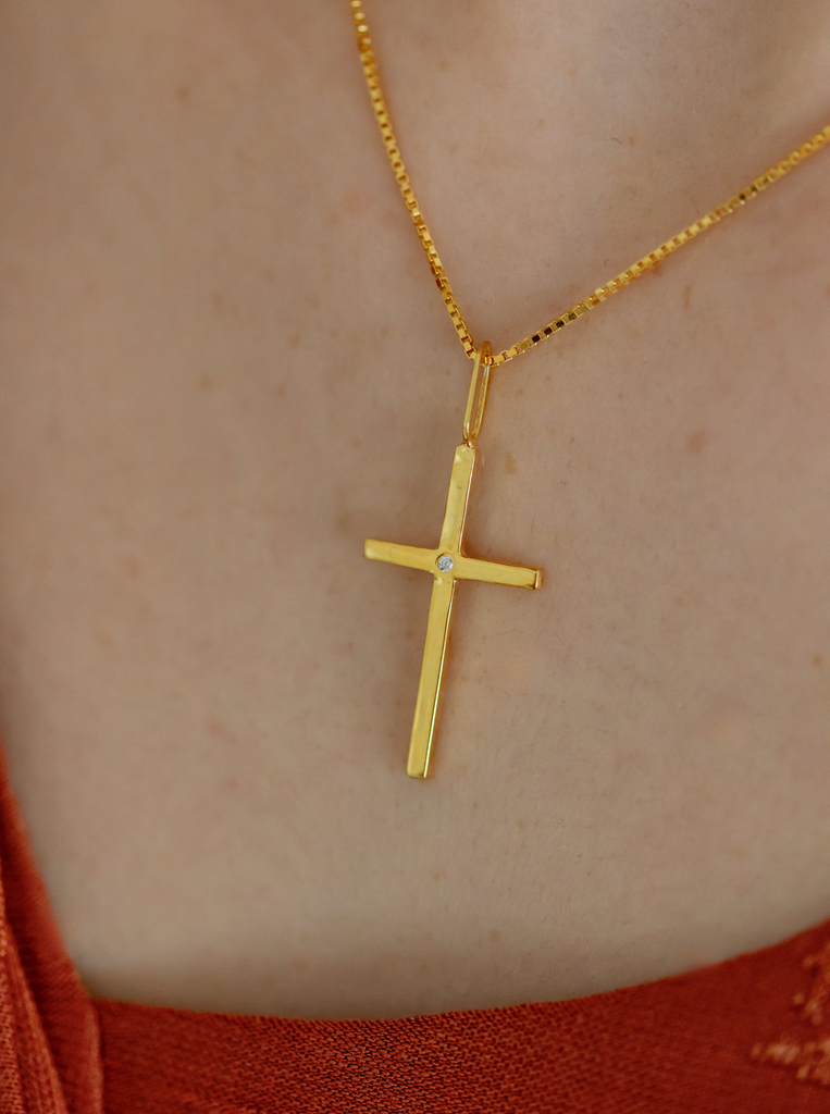 Μινιμαλ Σταυρός από Ασήμι 925 Επίχρυσό 24 καράτια με ζιργκόν