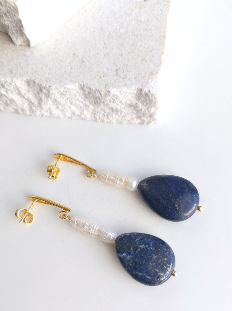 Σκουλαρίκια Μακριά Ασήμι 925 Μαργαριτάρια Λάπις Λάζουλι