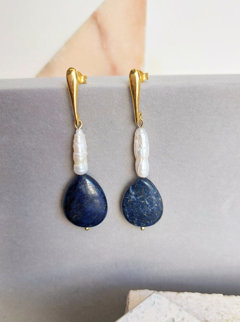 Σκουλαρίκια Μακριά Ασήμι 925 Μαργαριτάρια Λάπις Λάζουλι