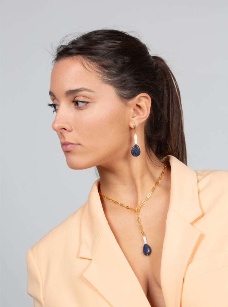 Σκουλαρίκια Μακριά Ασήμι 925 Μαργαριτάρια Λάπις Λάζουλι