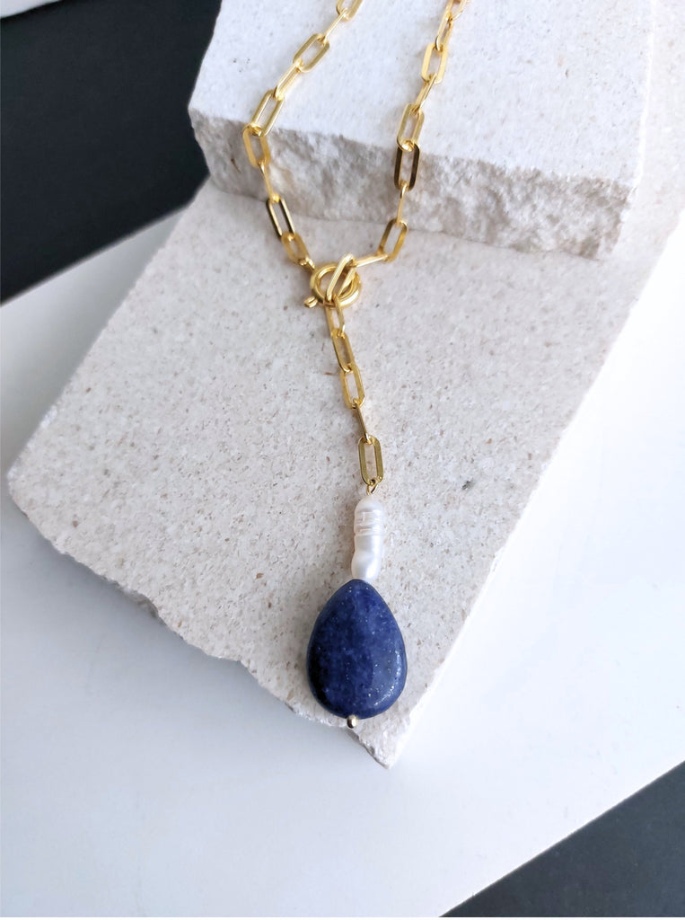 Κολιέ αλυσίδα LAPIS Ασήμι 925 επίχρυσο 24κ Μαργαριτάρια Λάπις Λάζουλι