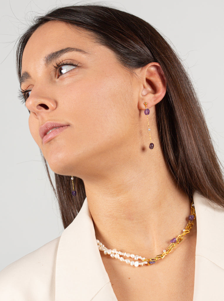 Σκουλαρίκια Violeta με πέρλες και αμέθυστο, ασήμι 925 και ατσάλι