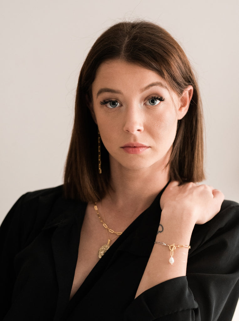 Athena δίχρωμο Μινιμαλ Βραχιόλι Ασημένιο 925 με διπλή αλυσίδα και μαργαριτάρι