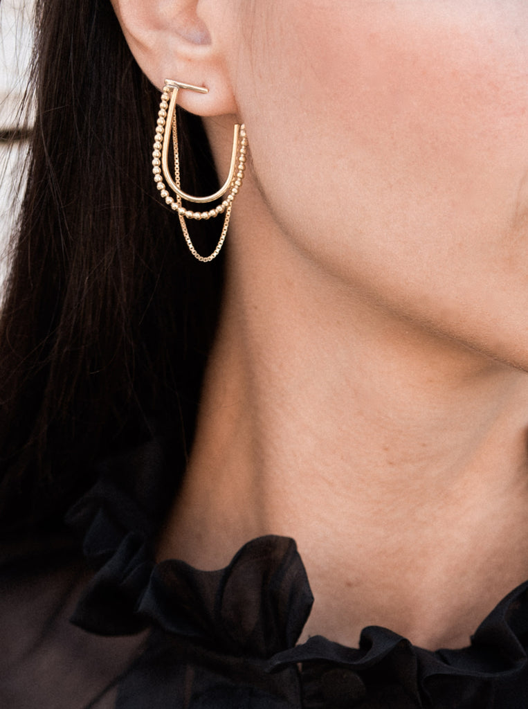 Μινιμαλ Σκουλαρίκια χρυσά ELLIPSE  από Ασήμι 925 επίχρυσο 24κ με αλυσίδα