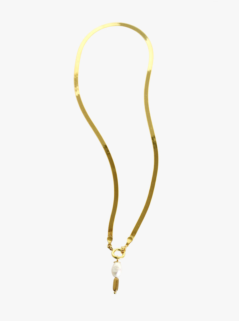 Κολιέ Maïa Ασημένιο 925 αλυσίδα φίδι πλακέ  Επίχρυσο με Μαργαριτάρια και πέτρα Αιματίτη