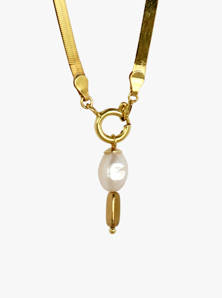 Κολιέ Maïa Ασημένιο 925 αλυσίδα φίδι πλακέ  Επίχρυσο με Μαργαριτάρια και πέτρα Αιματίτη