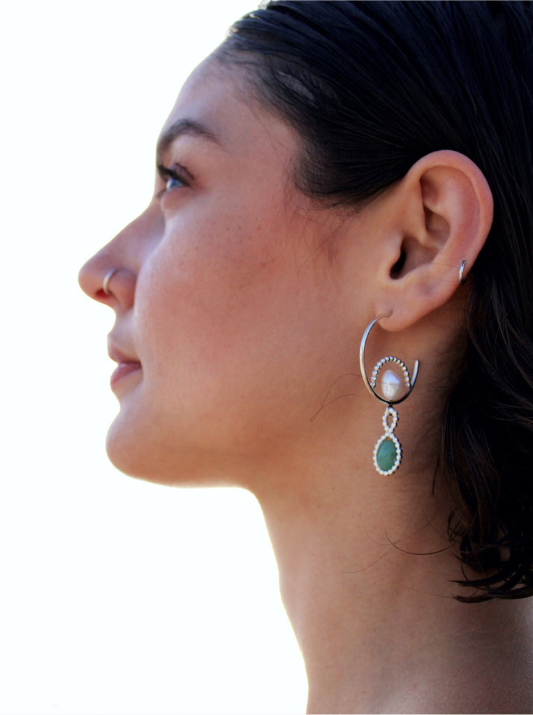 Σκουλαρίκια Κρίκοι Tears Of Happiness Ασήμι 925 Μαργαριτάρια - Αβεντουρίνη Πράσινη