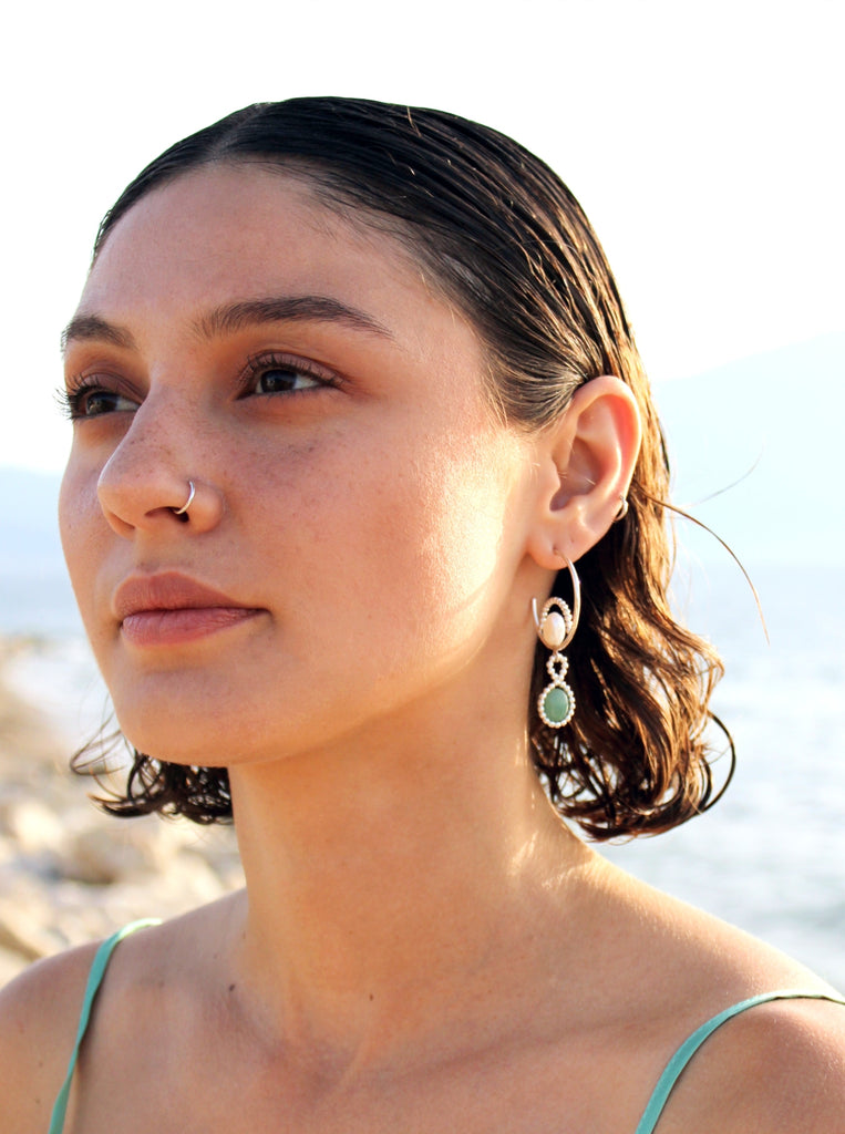 Σκουλαρίκια Κρίκοι Tears Of Happiness Ασήμι 925 Μαργαριτάρια - Αβεντουρίνη Πράσινη