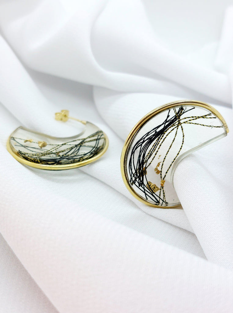 Wave Σκουλαρίκια κύμα Ασήμι 925 Υγρό Γυαλί Χρυσό 24κ Μαυρο-Χρυσό