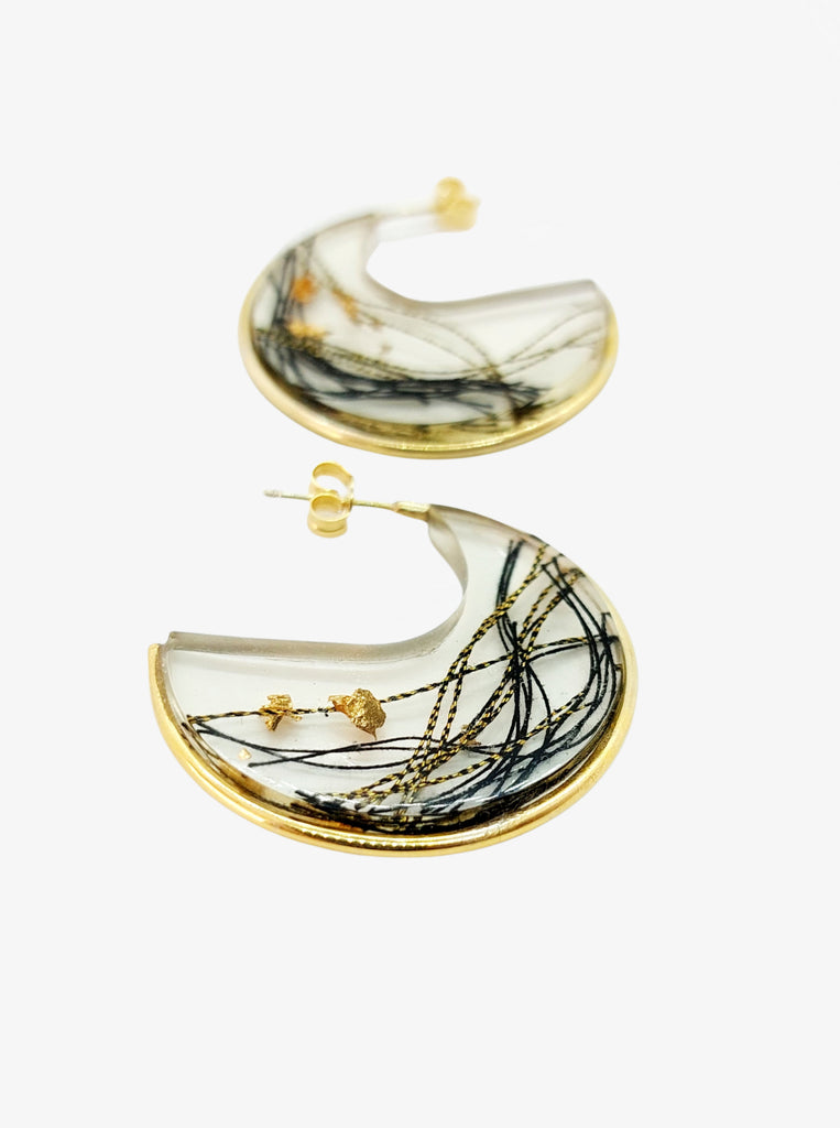 Wave Σκουλαρίκια κύμα Ασήμι 925 Υγρό Γυαλί Χρυσό 24κ Μαυρο-Χρυσό