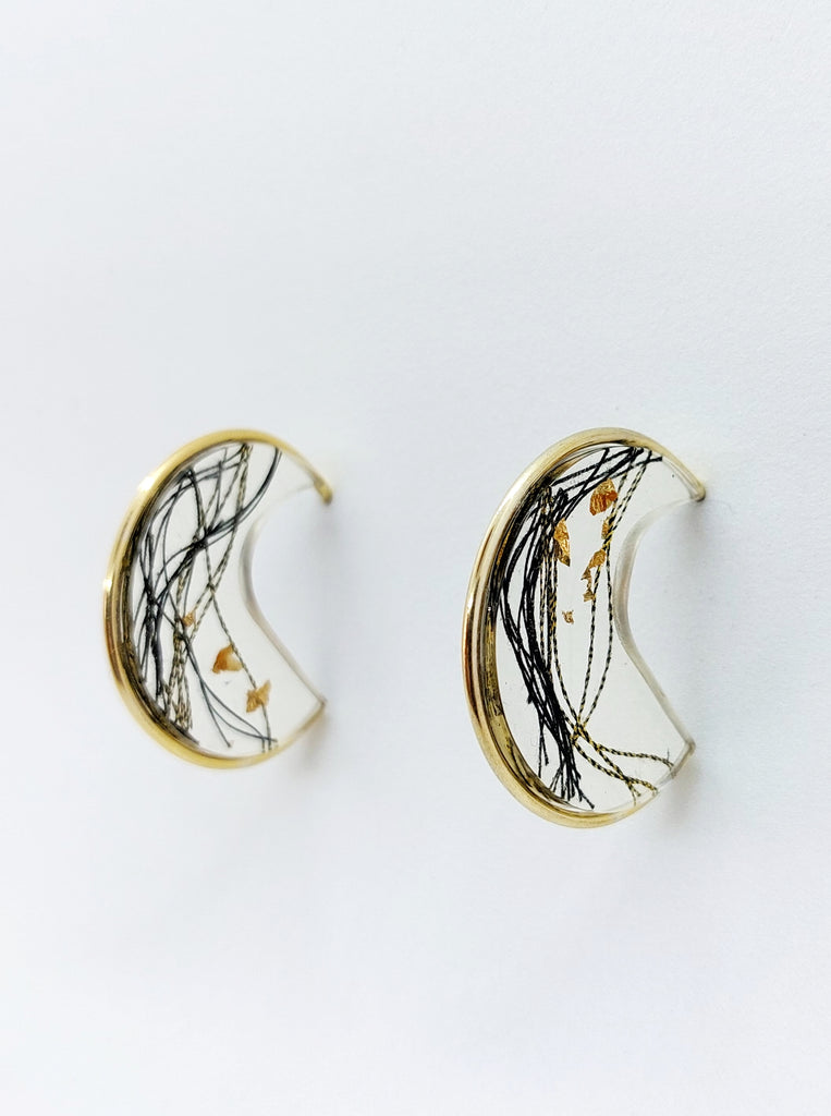 Wave Σκουλαρίκια κύμα Ασήμι 925 Υγρό Γυαλί Χρυσό 24κ Μαυρο-Χρυσό