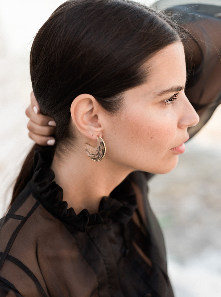 Wave Σκουλαρίκια κύμα Ασήμι 925 Υγρό Γυαλί Χρυσό 24κ Μαυρο-Χρυσό