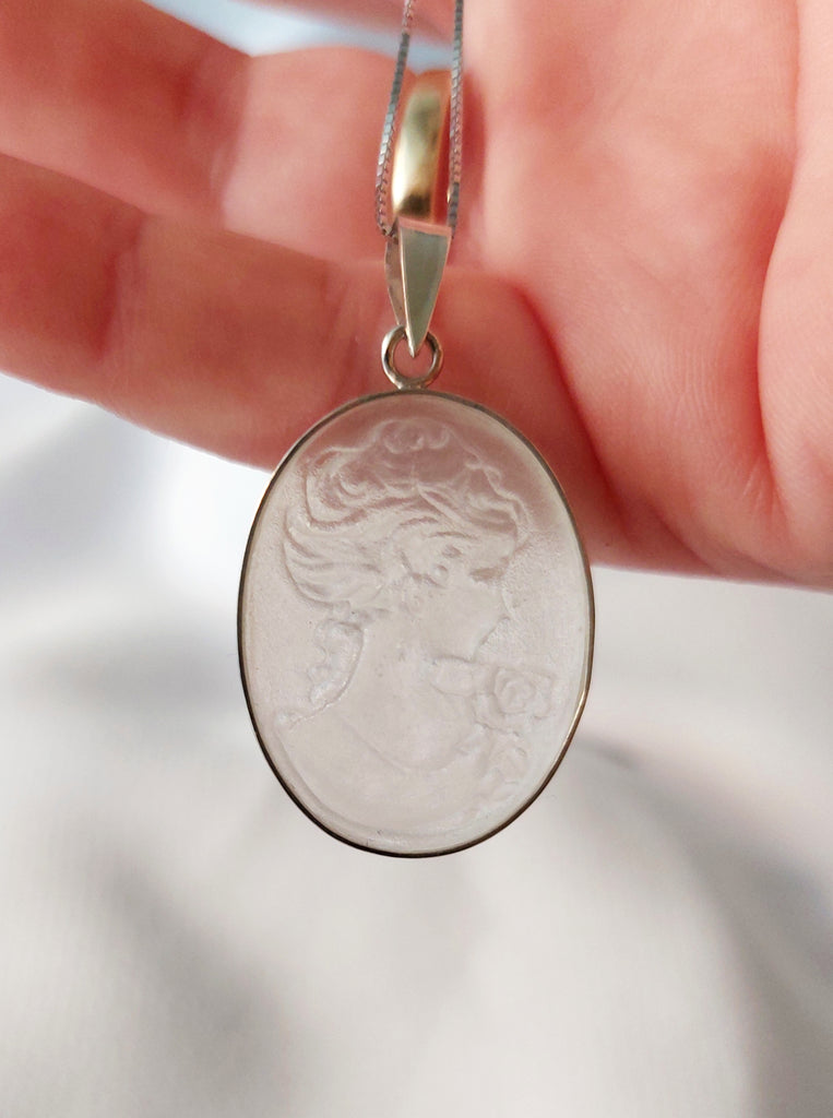 Cameo Κολιέ Ασήμι 925 Υγρό Γυαλί Ανάγλυφη Καμέο Πέτρα 