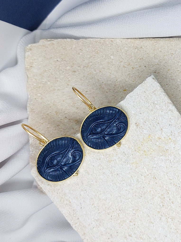 Σκουλαρίκια Ασήμι 925 επίχρυσο 24 καράτια  Ανάγλυφη μπλε Πέτρα το μάτι του Ώρου