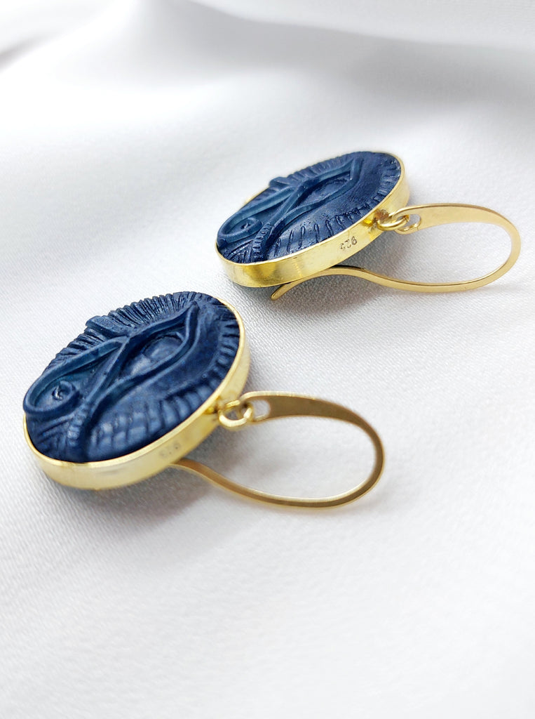 Σκουλαρίκια Ασήμι 925 επίχρυσο 24 καράτια  Ανάγλυφη μπλε Πέτρα το μάτι του Ώρου